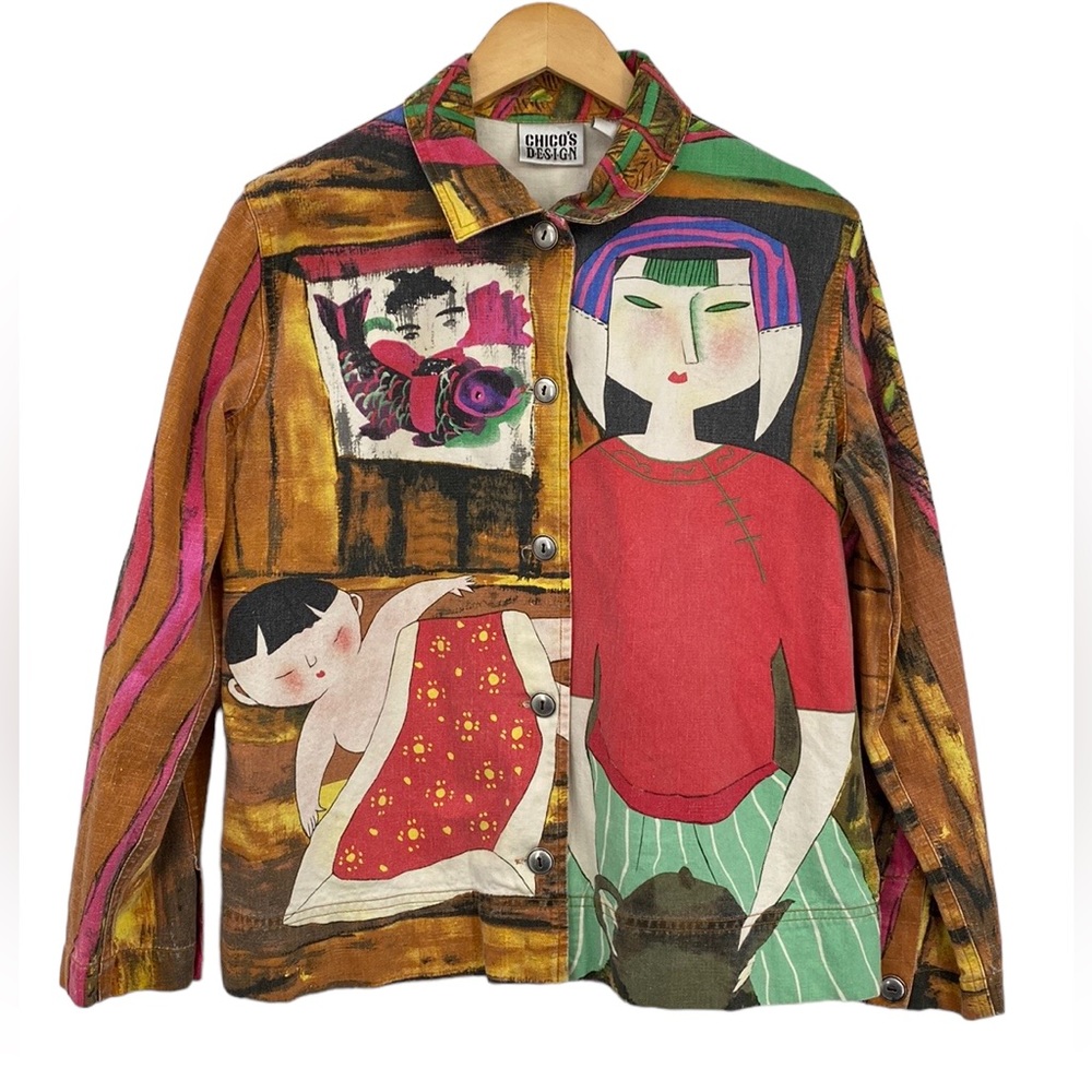 Chico's Design Vintage Geisha Art Shirt Jacket Womens Size 1 Medium Pink Yellow